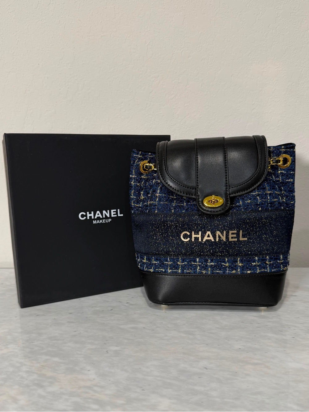 LAST ONECHANEL GWP Navy Tweed and Black Leather Mini Backpack with Gold Hardware
